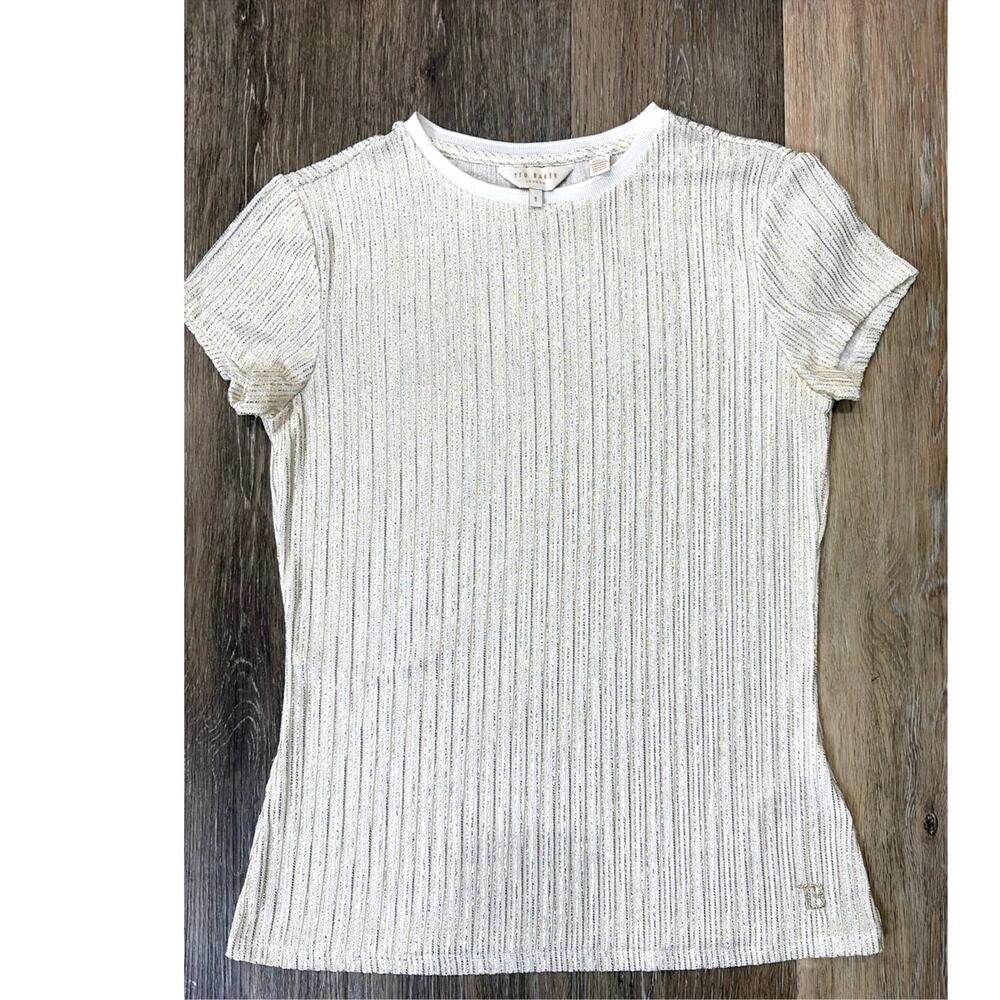Ted Baker Ribbed Metallic Knit Top Womens Size 1 Gold Short Sleeve Stretch Tee